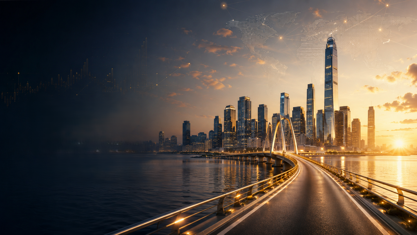 Bridge and city skyline at dusk